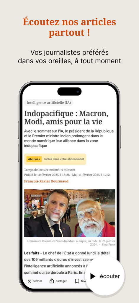 l'Opinion - 音声ナレーションの再生ボタンが付いたニュース記事を表示するL'Opinionモバイルアプリ。