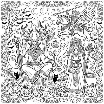 Embark on a mythical journey where ancient Celtic gods meet spooky Halloween spirits. This intricate coloring page invites you to bring a vibrant new dimension to its enchanting figures and festive details.