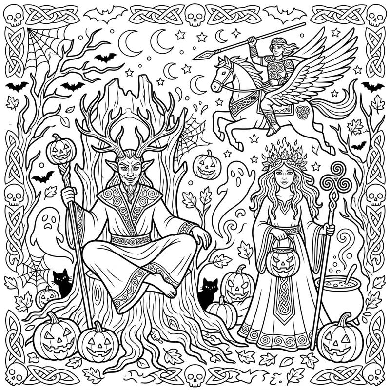 Embark on a mythical journey where ancient Celtic gods meet spooky Halloween spirits. This intricate coloring page invites you to bring a vibrant new dimension to its enchanting figures and festive details.