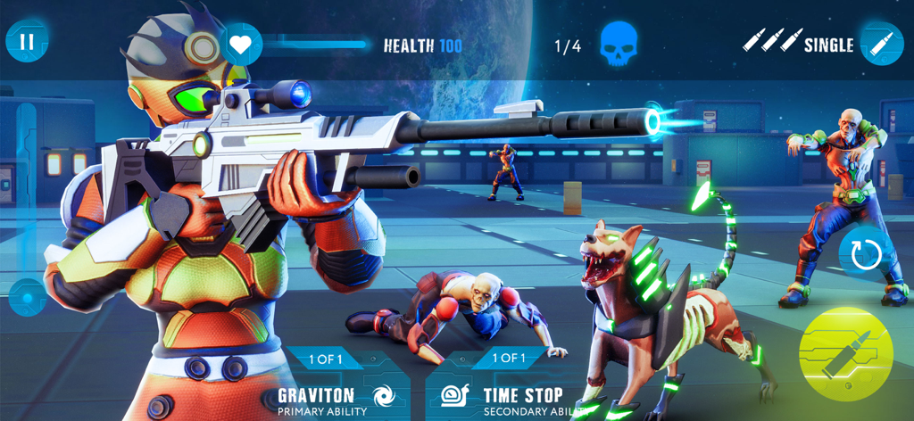 Zombie Survival Sniper Games - A sniper in futuristic armor aims a sci-fi rifle at space zombies alongside a robotic dog companion on a lunar base.