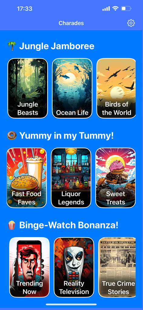 Charades Up - Guess The Word - Charades Up app screen displaying various thematic categories and game decks for social gatherings.