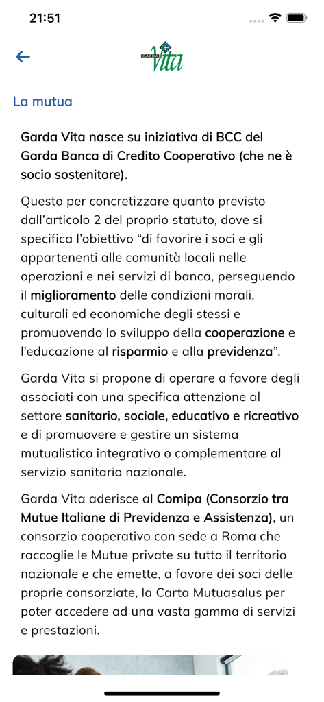 Screenshot of the Garda Vita app displaying information about its mission and services as a mutual aid society.