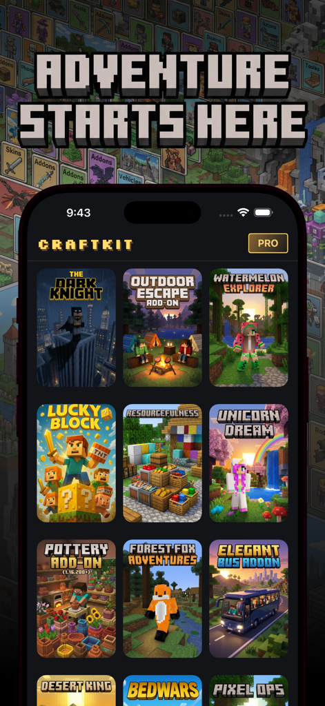 Craftkit app interface showing a grid of various Minecraft skins and addons like The Dark Knight and Unicorn Dream