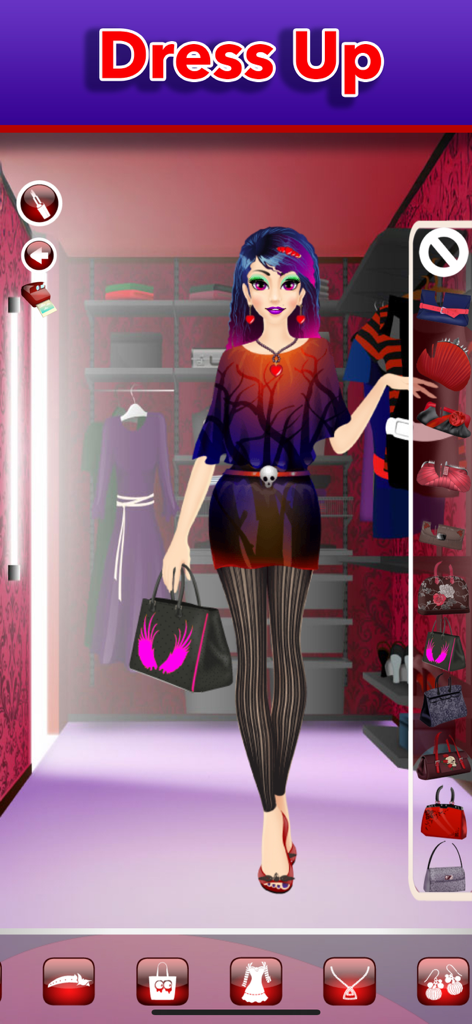A girl character wearing a spooky dress and striped leggings chooses a handbag in a dress up game