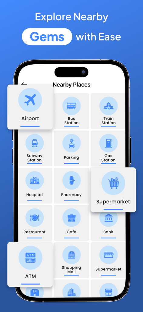 GPS Live Location - Maps - GPS 실시간 위치 앱의 인터페이스가 공항, 슈퍼마켓, ATM과 같은 근처 장소를 위한 아이콘 그리드를 보여줍니다.