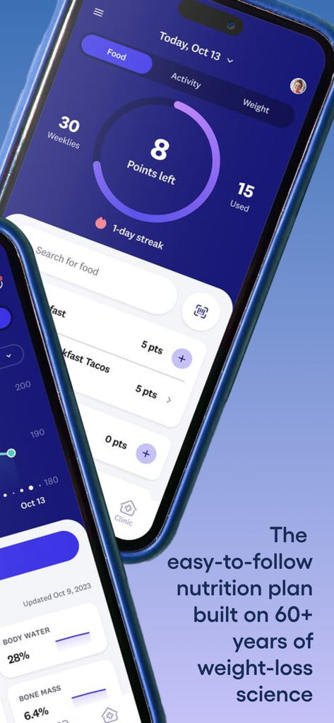 WeightWatchers Program - Interfaz de la aplicación WeightWatchers que muestra el rastreador de presupuesto de puntos y el panel de registro de alimentos