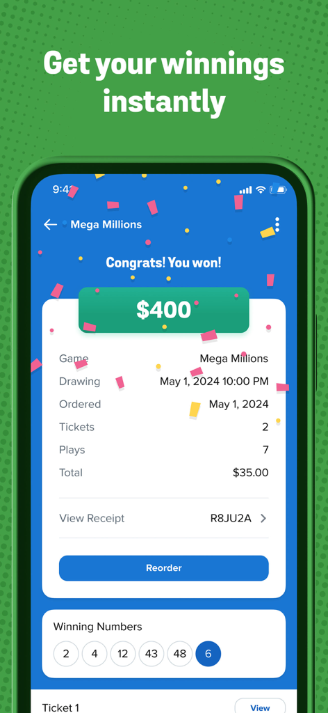 A Jackpocket app notification showing a 400 dollar win for Mega Millions with confetti.