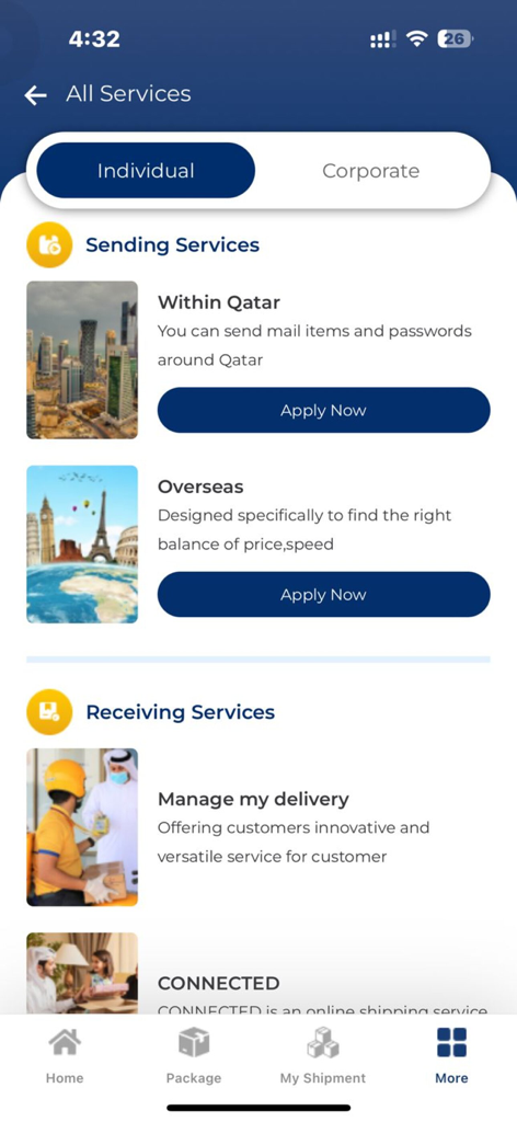 Tela do aplicativo QatarPost mostrando serviços individuais de envio e recebimento de correio local e internacional
