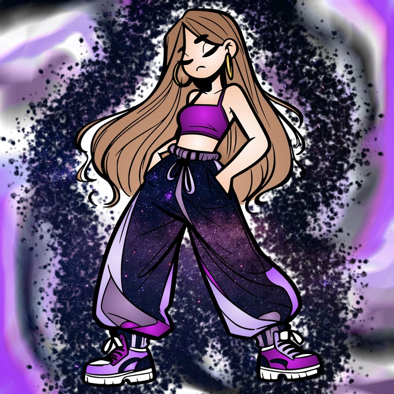 girl in baggy pants crop top and long hair