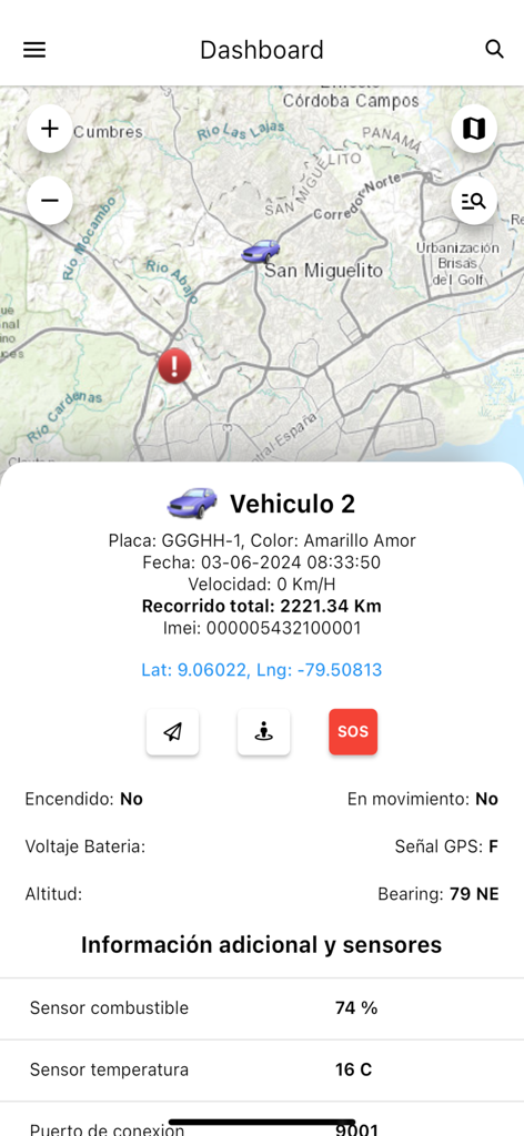 Vehicle monitoring screen with map and status indicators
