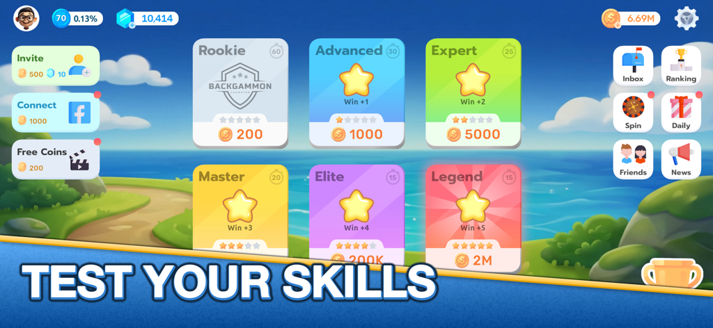 Screenshot der Backgammon Mint App, der Ranglistenspielfähigkeitsstufen von Rookie bis Legend mit dem Text Testen Sie Ihre Fähigkeiten zeigt