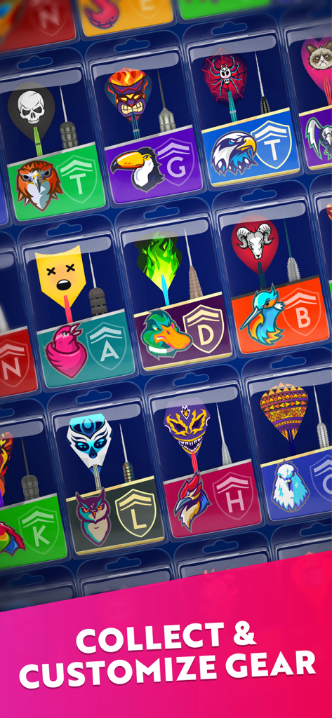 Darts of Fury: PvP Multiplayer - Muestra de varias plumas de dardos coleccionables y equipo personalizable en Darts of Fury.