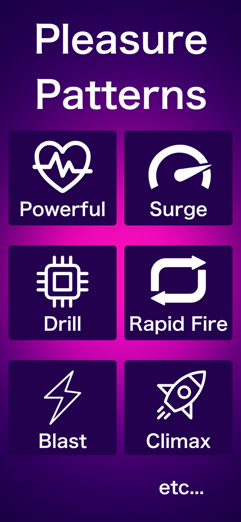 Interface de l'application BuruVibe montrant divers motifs de vibration, y compris Puissant, Surtension, Perceuse, Tir rapide, Explosion et Climax