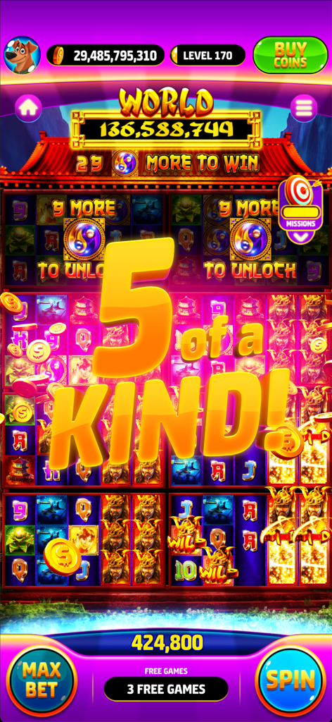 Slots World - Vegas Casino - A 5 of a kind big win notification on an Asian themed slot machine in Slots World.