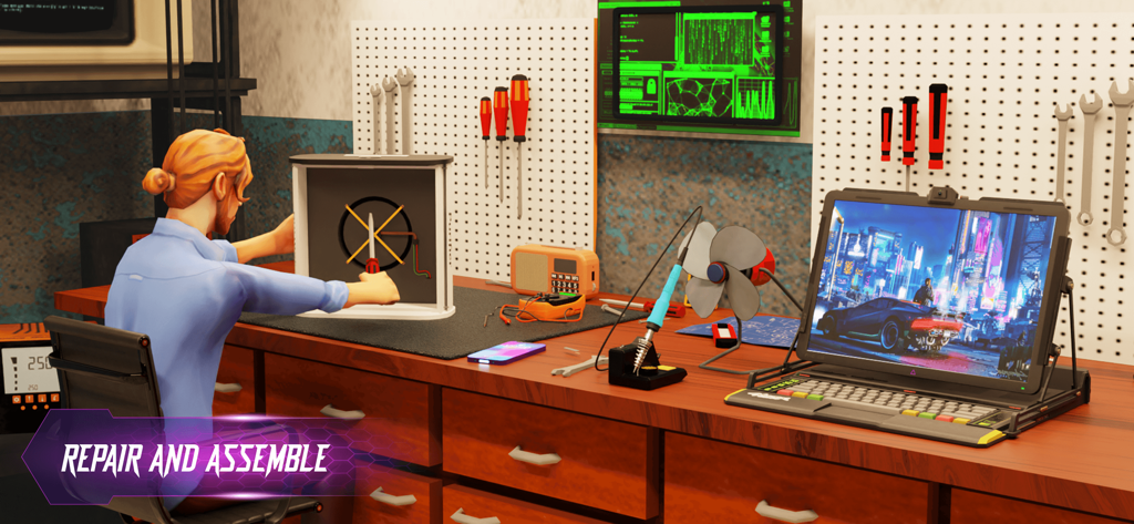 A mechanic repairing electronics in a workshop with tools