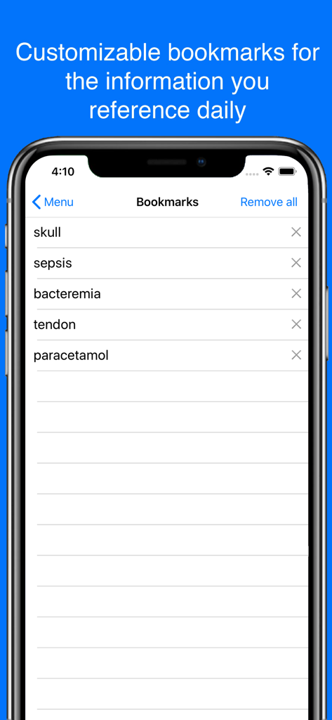 Medical Dictionary by Farlex - Medical Dictionary by Farlex app screen displaying a list of bookmarked medical terms for quick reference