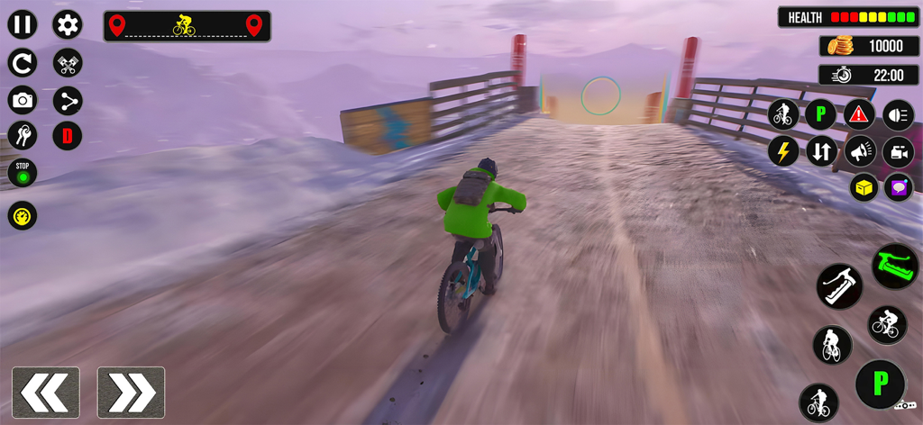 Un ciclista de BMX con una chaqueta verde navegando por una pista de montaña nevada en un puente de madera