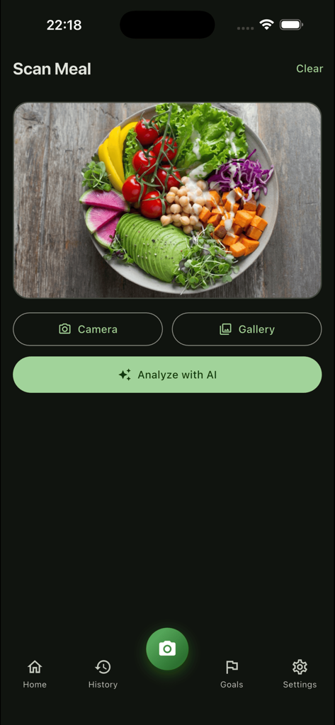CalorAI – AI Calorie Tracker - CalorAI mobile app interface showing the scan meal screen with a photo of a healthy bowl and an analyze with AI button.