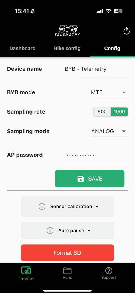 BYB Telemetry - Configuration screen of the BYB Telemetry app showing device settings for mountain bike data acquisition including sampling rate and mode
