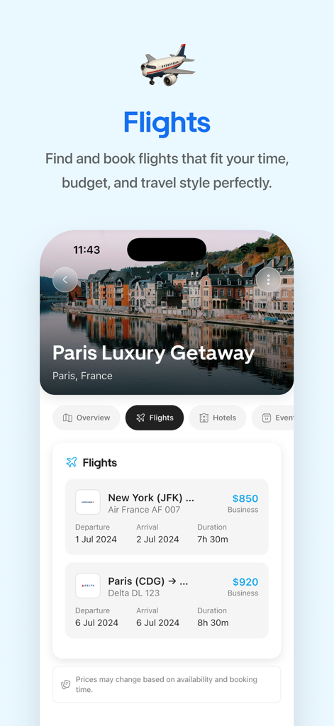 Flight booking options for a Paris luxury getaway in the Travy travel app