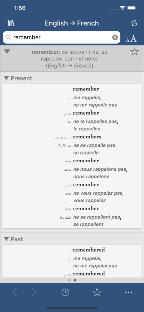 Collins-Robert Concise - Tela de conjugação verbal de inglês para francês da palavra remember no aplicativo do dicionário Collins-Robert