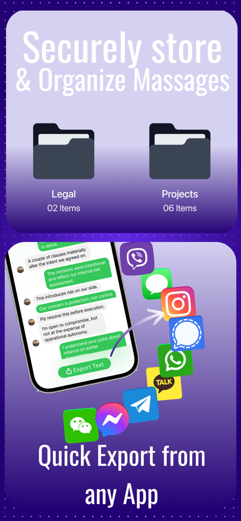 Texporterアプリのインターフェースに、法的およびプロジェクト用のメッセージ整理フォルダと、さまざまなメッセージングアプリのクイックエクスポート機能が表示されている