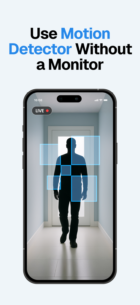 Home Security Camera - Visory - Un smartphone affichant l'application de sécurité Visory avec un flux en direct montrant des carrés de détection de mouvement suivant une personne traversant une porte.
