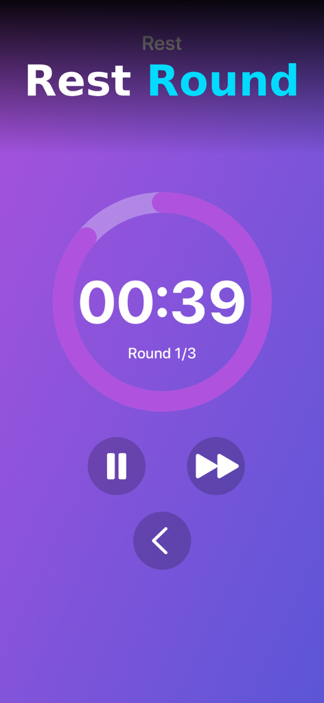 Interval Timer - HIIT, Tabata - La pantalla de descanso de la ronda de la aplicación de temporizador de intervalos que muestra una cuenta regresiva de treinta y nueve segundos para la ronda uno de tres.