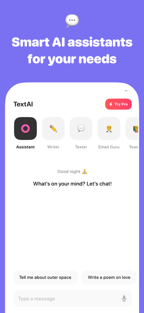 TextAI - AI Texting Assistant - TextAI mobile app home screen showing smart AI assistants for texting, writing, and emailing