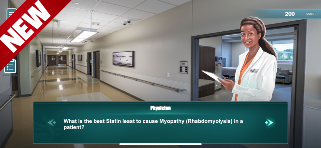 Pharmlator - Simulação de caso clínico do aplicativo Pharmlator mostrando um médico fazendo uma pergunta sobre medicamentos para estatina em um corredor de hospital