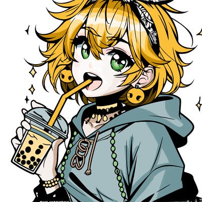 hot baddie anime girl drinking boba and biting the straw