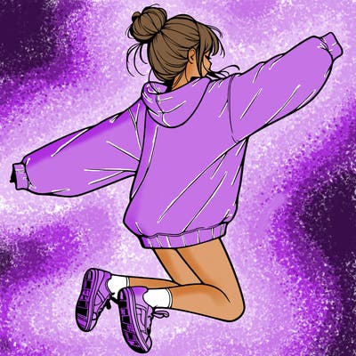 realistic girl jumping with a bun and oversized sweatshirt