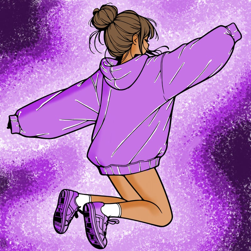 realistic girl jumping with a bun and oversized sweatshirt