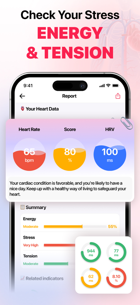 Heart rate monitor app showing a detailed health report with heart rate, HRV, energy, and stress levels.