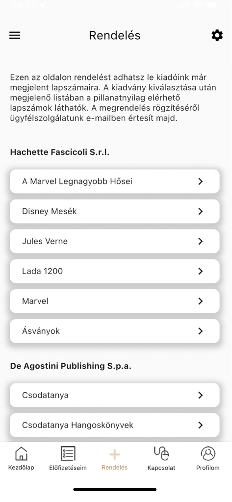 Schermata ordini dell'app SUMMA che mostra un elenco di serie di riviste da collezione per Hachette e De Agostini.
