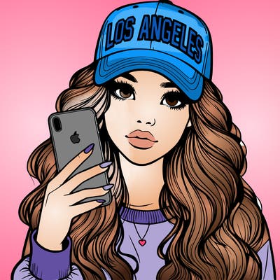 realistic beautiful girl wearing los ángeles cap holding an iphone