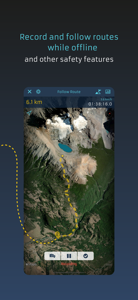 SUDA Outdoors - Adventure GPS - Interface do aplicativo SUDA Outdoors mostrando uma rota GPS em um mapa de satélite para navegação offline
