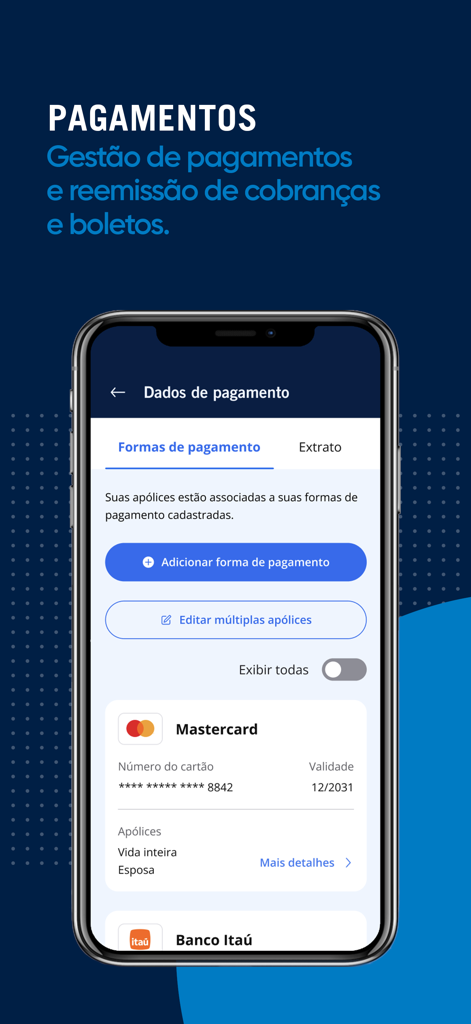 Prudential Seguros - Um telemóvel exibindo o ecrã de gestão de pagamentos da aplicação Prudential Seguros em português, mostrando detalhes de cartão de crédito e links de apólice de seguro