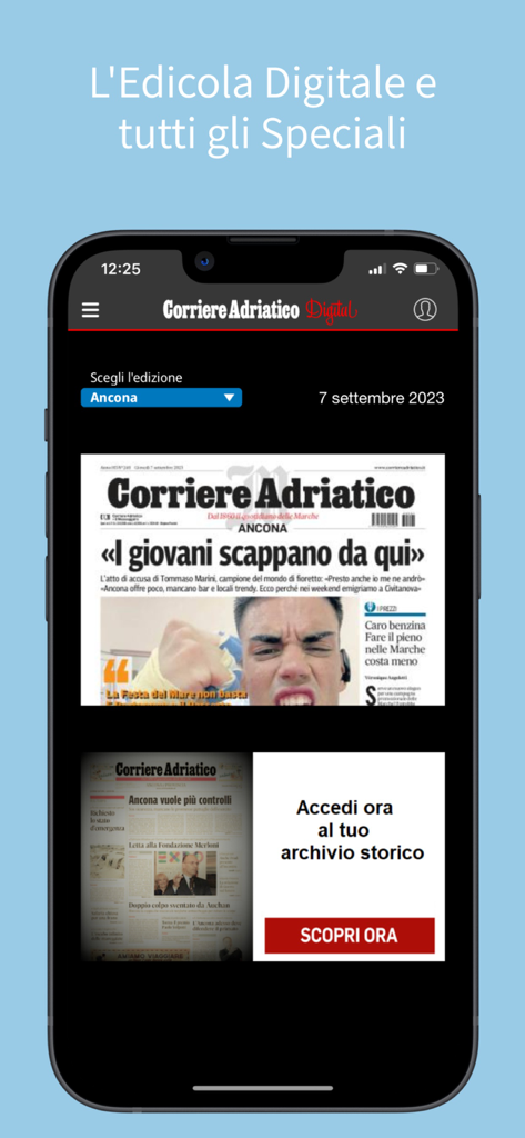Interfaccia dell'app Corriere Adriatico digital newsstand che mostra l'edizione digitale del giornale di Ancona e l'accesso all'archivio storico