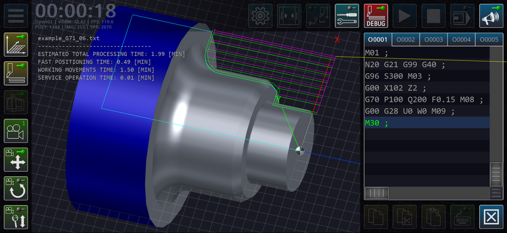 CNC Lathe Simulator Lite - 3D simulation of a lathe part with G-code editor interface