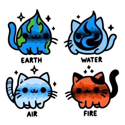 4 cats that represent the different elements, earth, water, air, and fire