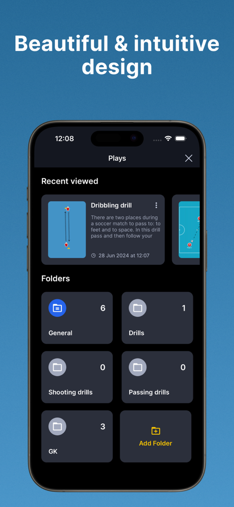 Interface de l'application Coach Tactic Board Futsal affichant des dossiers d'exercices organisés et les tactiques récemment consultées.