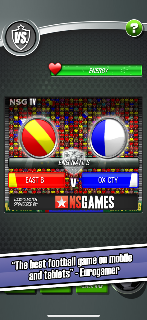 Pantalla de juego de New Star Soccer con vista previa de partido y una cita de reseña de Eurogamer