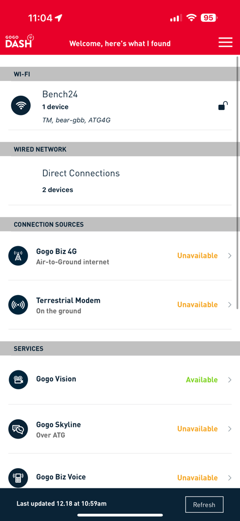 Gogo DASH (Biz Av) - Gogo DASH app interface showing aircraft system health including Wi-Fi status connection sources and available services