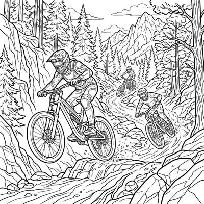 Get ready for an adrenaline rush with this action-packed downhill mountain biking coloring page. Capture the speed and excitement of riders tackling rugged trails and thrilling jumps.