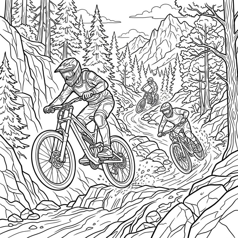 Get ready for an adrenaline rush with this action-packed downhill mountain biking coloring page. Capture the speed and excitement of riders tackling rugged trails and thrilling jumps.