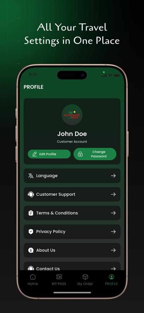 Suriname Pass - スリナムパスモバイルアプリのユーザープロフィールとアカウント設定画面。
