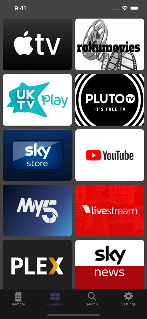 Widget Remote for Roku - Interfaz de la aplicación Widget Remote para Roku mostrando una cuadrícula de canales de streaming disponibles