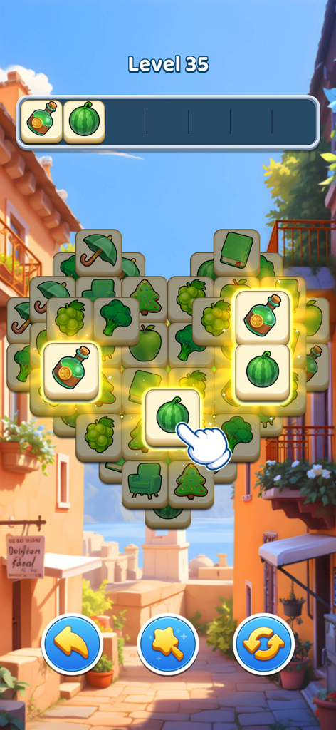 Tile Journey - Matching Puzzle - Level thirty-five of the Tile Journey matching puzzle game featuring green tiles and a scenic street background.