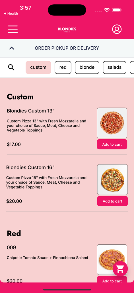 BLONDIES PIZZA - Blondies Pizza app menu showing custom pizza ordering options with prices and photos